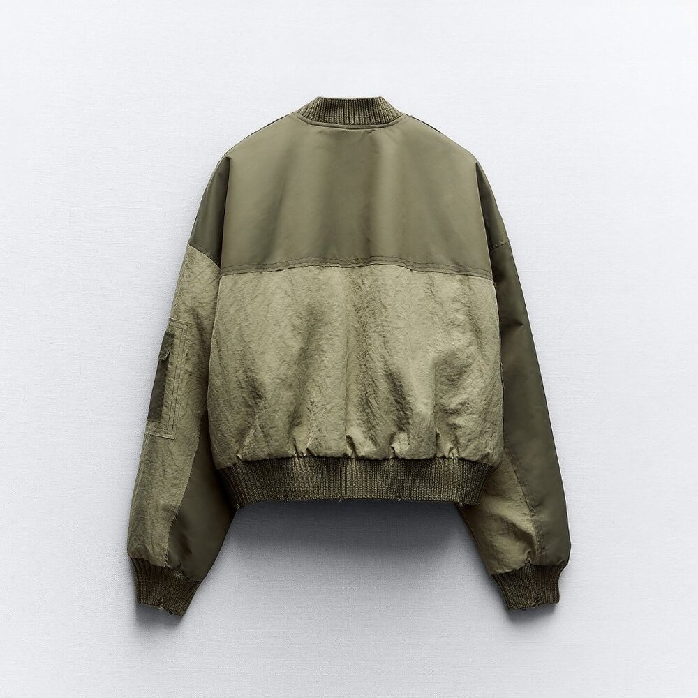 ZARA Water Repellant Patchwork Bomber Jacket Green Oversized Size Medium Padded - Picture 3 of 13
